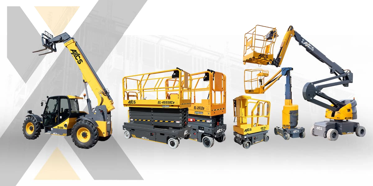 Axcess equipment scissor lift, vertical mast, articulated boom, and telehandler